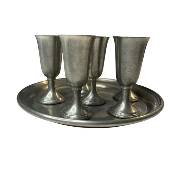 Preisner Pewter No.2023 Tray 8 inch and 6 Cordial Goblet Cups 3.75 inches Tall - Picture 5 of 12